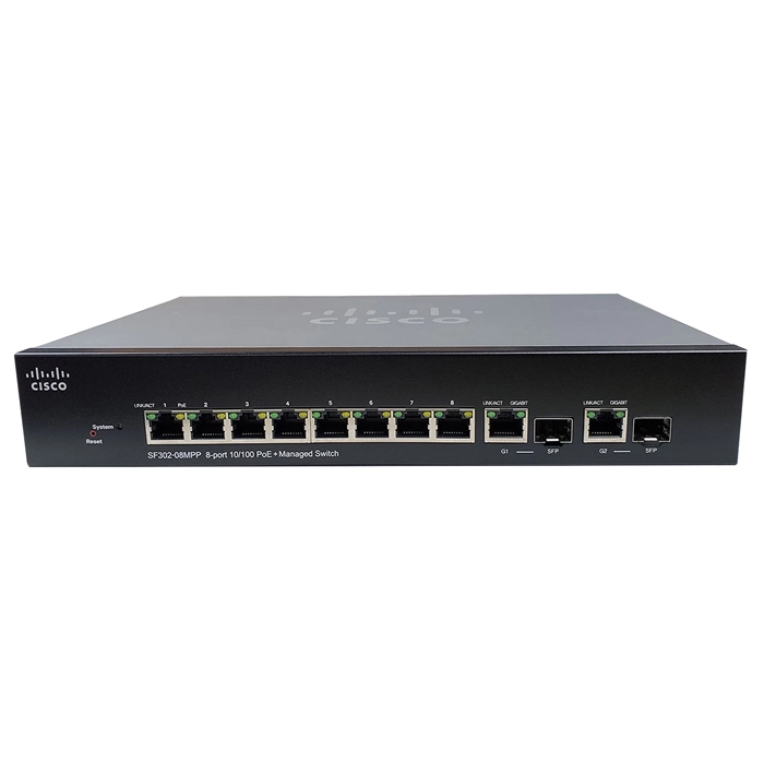 Cisco SF302-08MPP-K9-NA | Small Business 300 Series SF302-08MPP 8 x Ports PoE+ 10/100Base-T + 2 x Ports Combo Gigabit SFP Layer 3 Managed Fast Ethernet Network Switch Refurbished - Cisco Systems Inc. refurbished available on Gotodirect