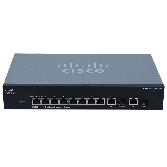 Cisco SG300-10 | Small Business 300 Series 8 x Ports 10/100/1000Base-T + 2 x Combo SFP (mini-GBIC) Ports Layer 3 Stackable Managed 1U Rack-mountable Gigabit Ethernet Network Switch Refurbished - Cisco Systems Inc. refurbished available on Gotodirect