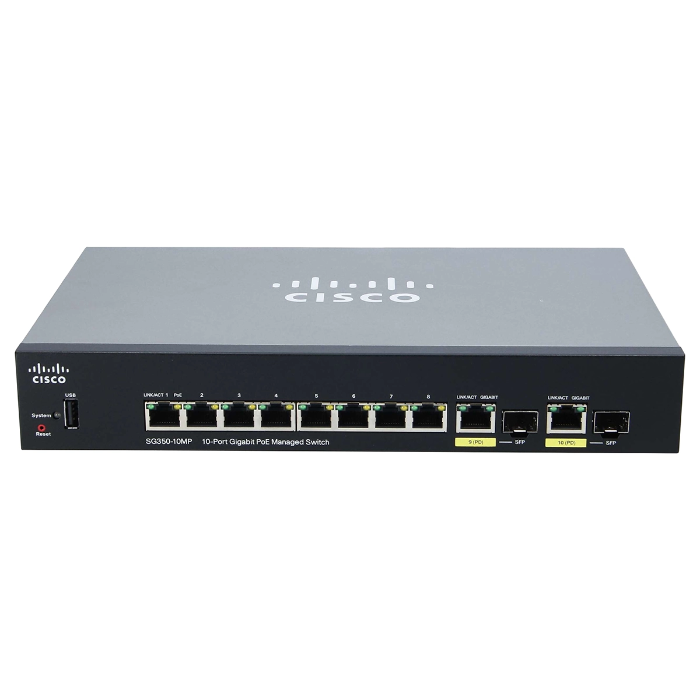 Cisco SG350-10MP | Small Business 350 Series SG350-10MP 8 x Ports PoE+ 10/100/1000Base-T + 2 x Ports Copper Combo SFP + 2 x Ports SFP Layer 3 Managed Rack-mountable Gigabit Ethernet Network Switch Refurbished - Cisco Systems Inc. refurbished available on Gotodirect