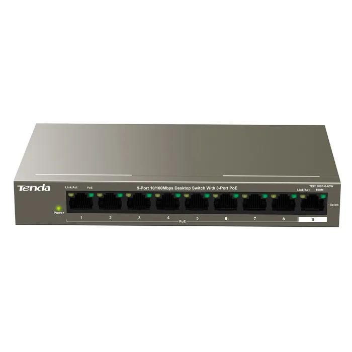 Tenda TEF1109P-8-63W | 9-Port 10/100Mbps Desktop Switch With 8-Port PoE Refurbished - Tenda refurbished available on Gotodirect