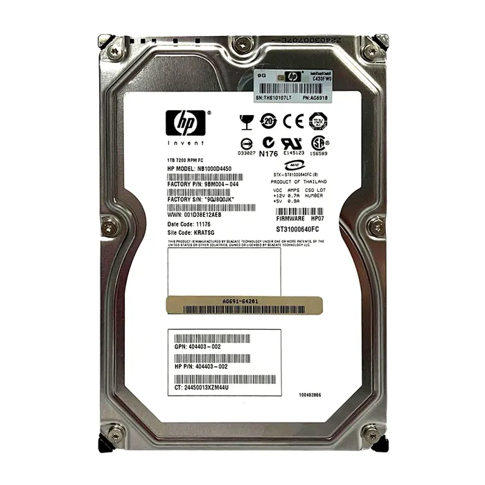 HP NB1000D4450 | 1TB 7200RPM Fibre Channel 4Gb/s Hot-Pluggable Dual Port 3.5-inch Hard Drive for StorageWorks EVA 4000 Refurbished - Hewlett-Packard (ou HP en abrégé) refurbished available on Gotodirect