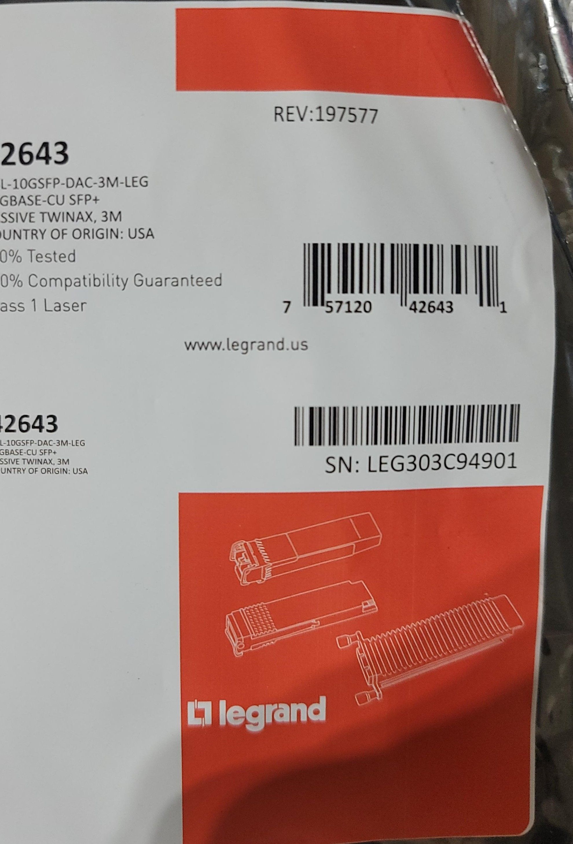 Legrand 10GBASE-CU SFP+ 22.97 Ft Passive Twinax 3M Fiber Cable Refurbished -  refurbished available on PCLiquidations