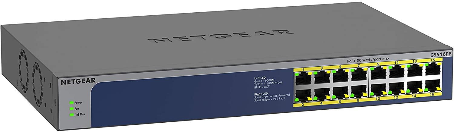Netgear GS516PP 16-Port Gigabit PoE+ Unmanaged Switch 260W Refurbished - Netgear refurbished available on PCLiquidations