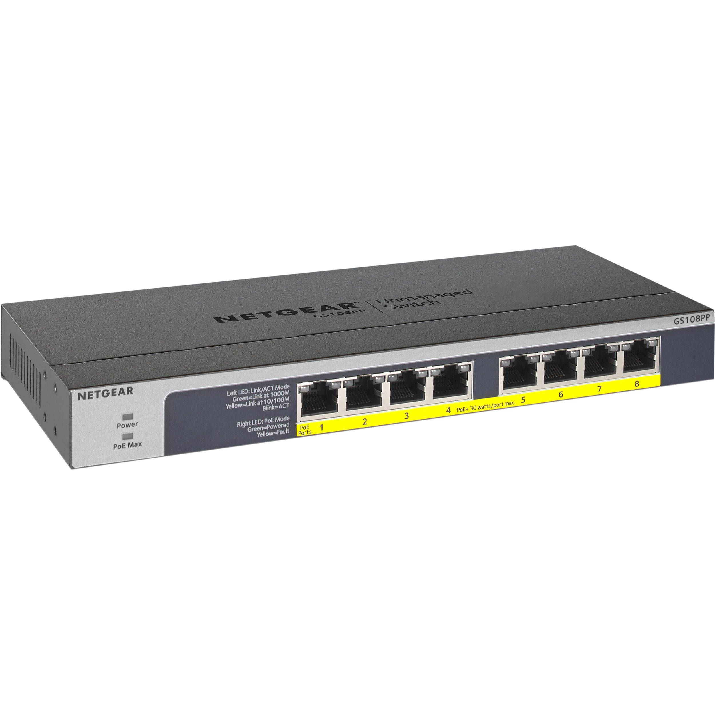 Netgear GS108PP-100NAS 8-Port PoE+ Gigabit Unmanaged Switch New Refurbished - Netgear refurbished available on PCLiquidations