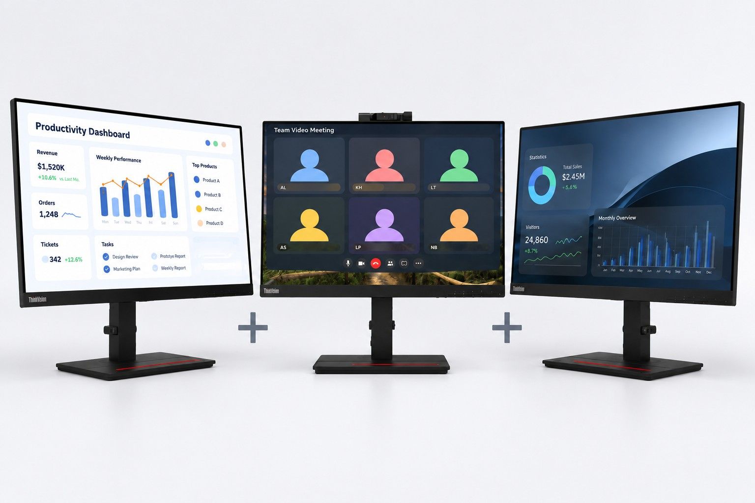 Lenovo ThinkVision T24i + T24v Triple Monitor Setup w/ Webcam - Grade A Refurbished - Lenovo refurbished available on PCLiquidations